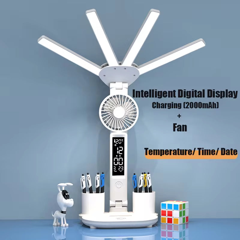 4-Head Panoramic LED Desk Lamp – Integrated Cooling Fan, Digital Clock & USB Charging