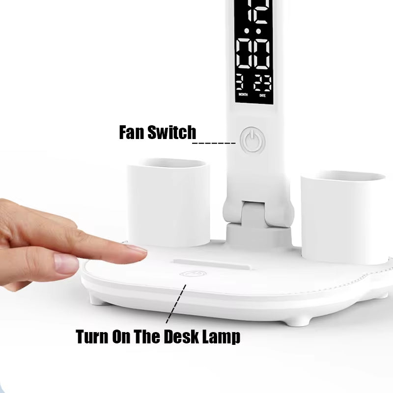 4-Head Panoramic LED Desk Lamp – Integrated Cooling Fan, Digital Clock & USB Charging