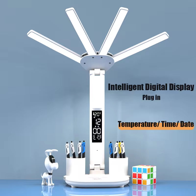 4-Head Panoramic LED Desk Lamp – Integrated Cooling Fan, Digital Clock & USB Charging