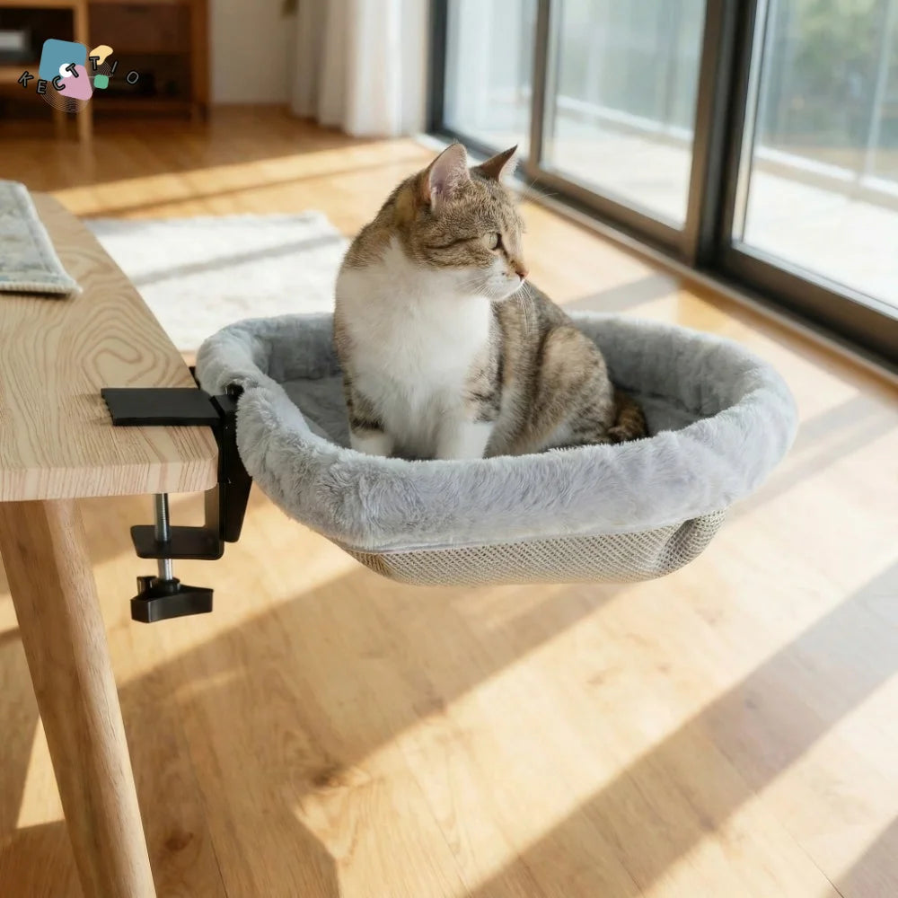 Space-Saving "Desk-Side" Cat Bed – Detachable Folding Hammock for Pet Parents