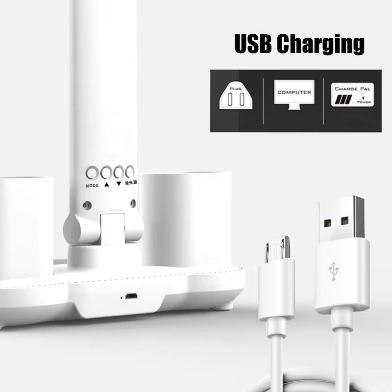 4-Head Panoramic LED Desk Lamp – Integrated Cooling Fan, Digital Clock & USB Charging