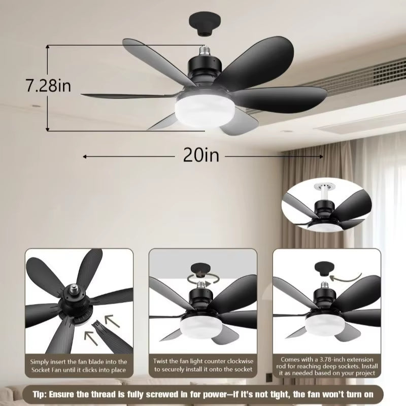 30W Smart LED Ceiling Fan Light | Remote-Controlled E27 Socket Fan with Dimmable Lighting