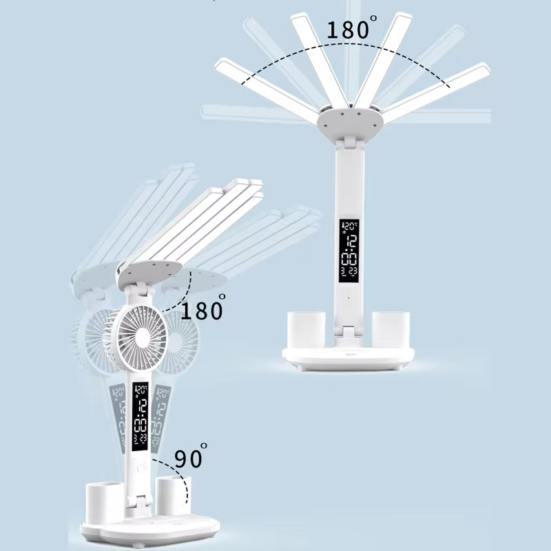4-Head Panoramic LED Desk Lamp – Integrated Cooling Fan, Digital Clock & USB Charging