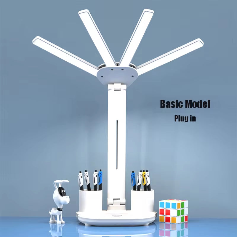 4-Head Panoramic LED Desk Lamp – Integrated Cooling Fan, Digital Clock & USB Charging