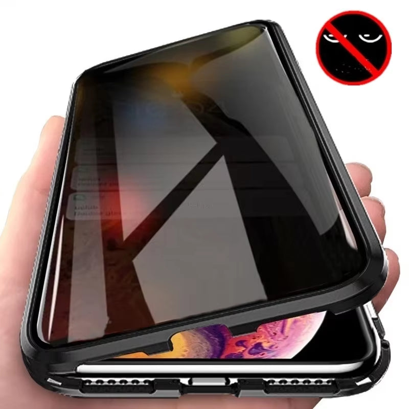 Magnetic Tempered Glass Privacy Metal Case for Iphone 15 14 13 12 XR 11 Pro MAX X 7 8 6 plus 360 Magnet Antispy Protective Cover