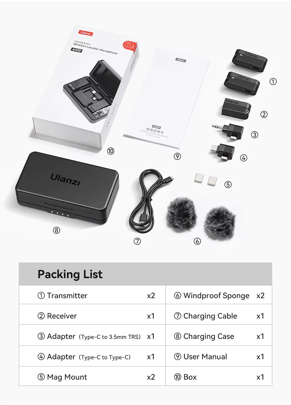 A100 Pro Wireless Lavalier Microphone | Dual-Channel Recording with Portable Charging Case