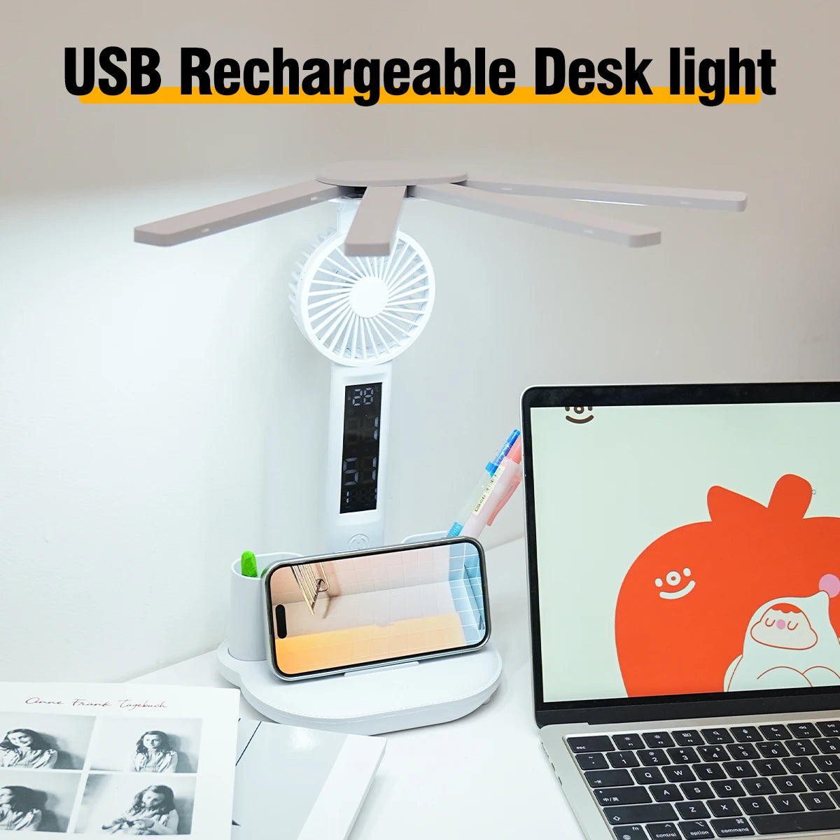 4-Head Panoramic LED Desk Lamp – Integrated Cooling Fan, Digital Clock & USB Charging