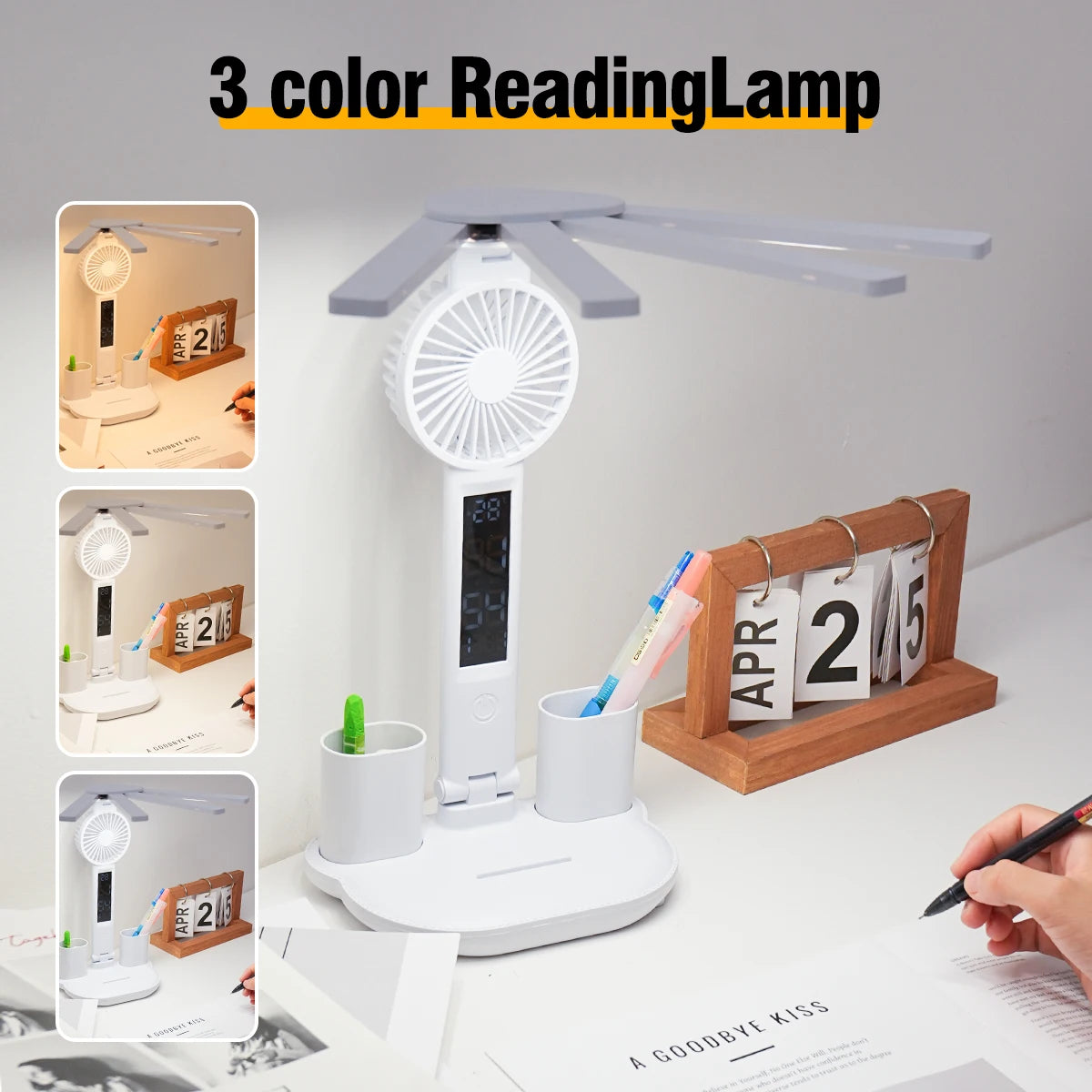 4-Head Panoramic LED Desk Lamp – Integrated Cooling Fan, Digital Clock & USB Charging