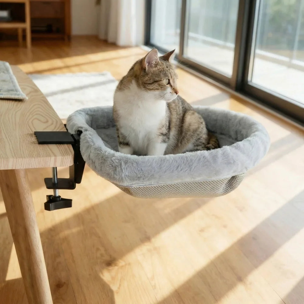 Space-Saving "Desk-Side" Cat Bed – Detachable Folding Hammock for Pet Parents