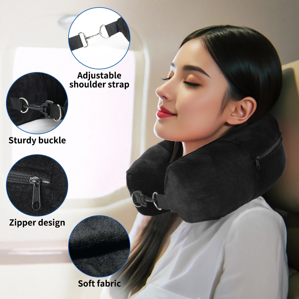 Travel Neck Pillow Set with Eye Mask and Carry Bag — Memory Foam Support Pillow for Flights, Trains, and Long Trips