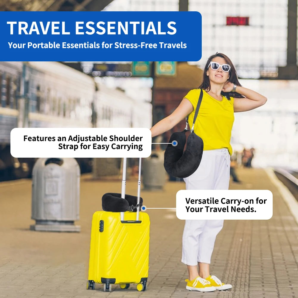 Travel Neck Pillow Set with Eye Mask and Carry Bag — Memory Foam Support Pillow for Flights, Trains, and Long Trips