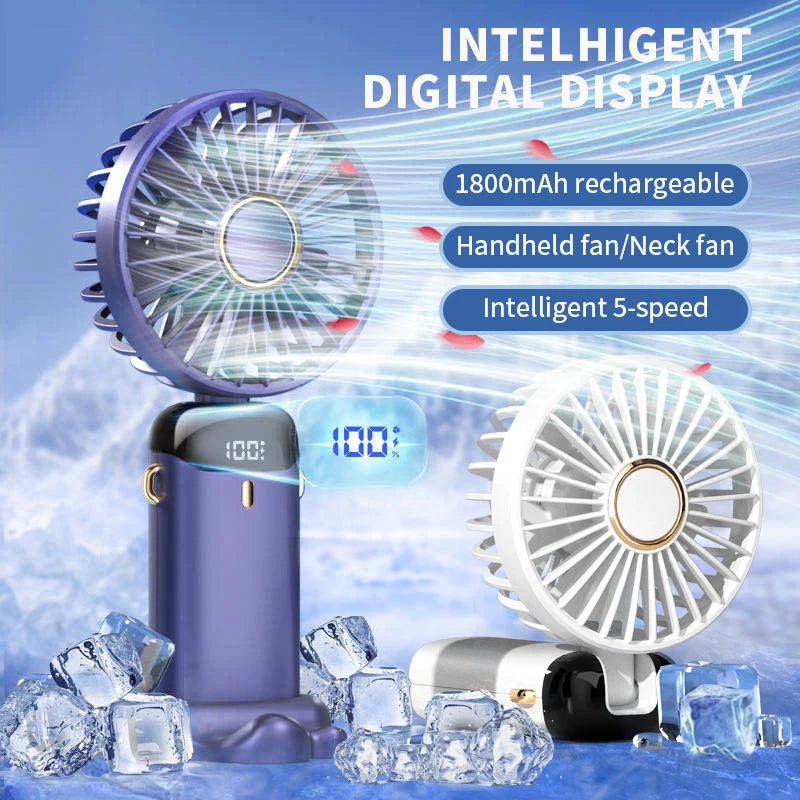 5-Speed Handheld and Neck Fan — USB Rechargeable Portable Fan with Digital Display for Travel, Office, and Outdoors