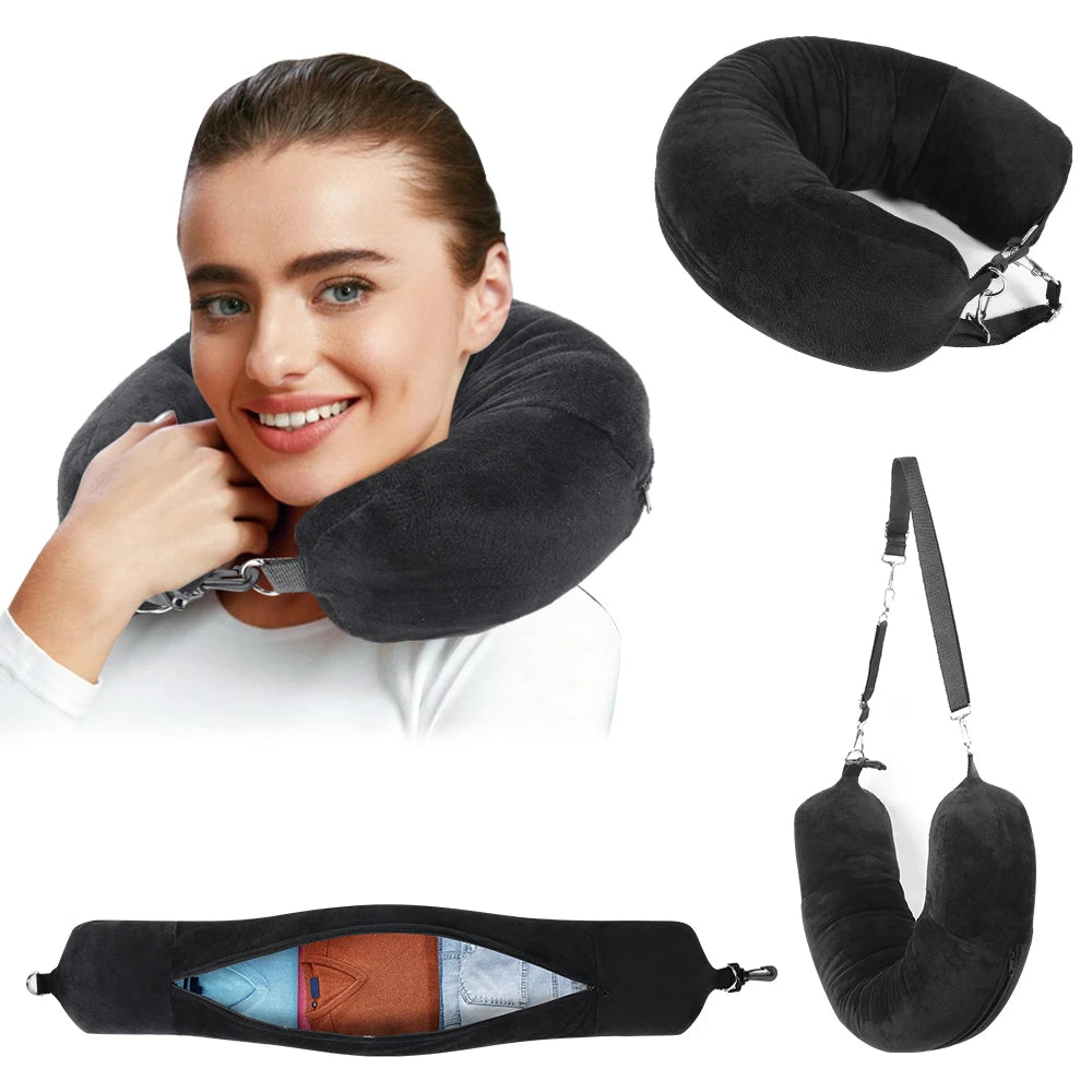 Travel Neck Pillow Set with Eye Mask and Carry Bag — Memory Foam Support Pillow for Flights, Trains, and Long Trips