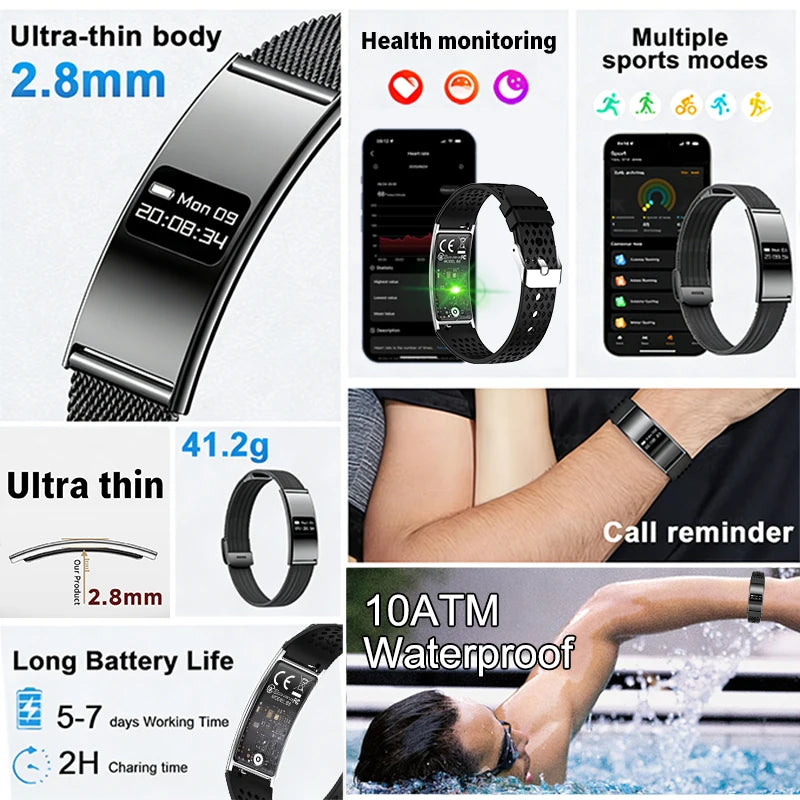 Ultra-Slim Smart Fitness Tracker Bracelet — Heart Rate Sleep Monitor 10ATM Waterproof