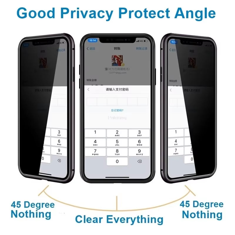 Magnetic Tempered Glass Privacy Metal Case for Iphone 15 14 13 12 XR 11 Pro MAX X 7 8 6 plus 360 Magnet Antispy Protective Cover