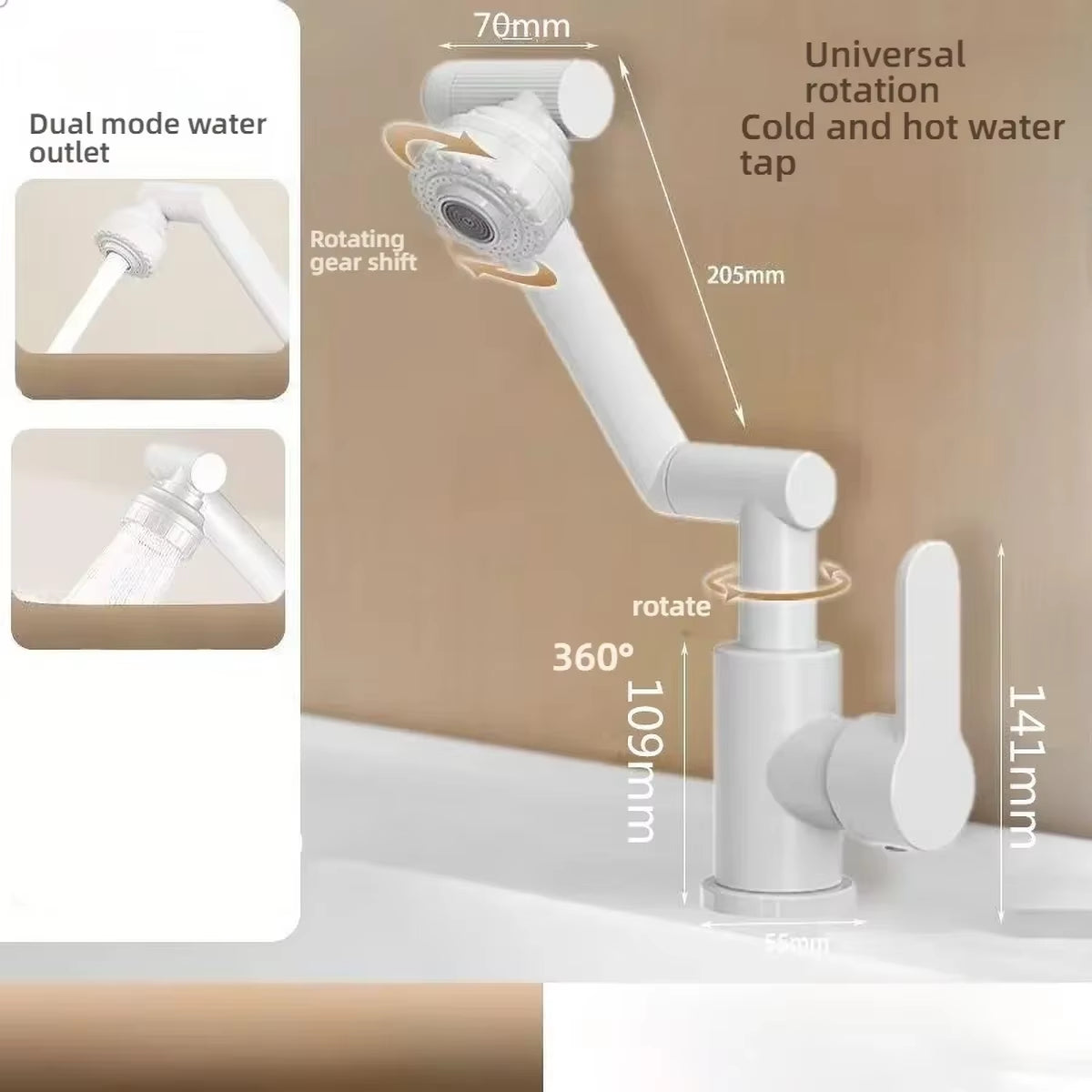 1080° Universal Swivel Robotic Arm Faucet | Splash-Proof Dual-Mode Extension Aerator