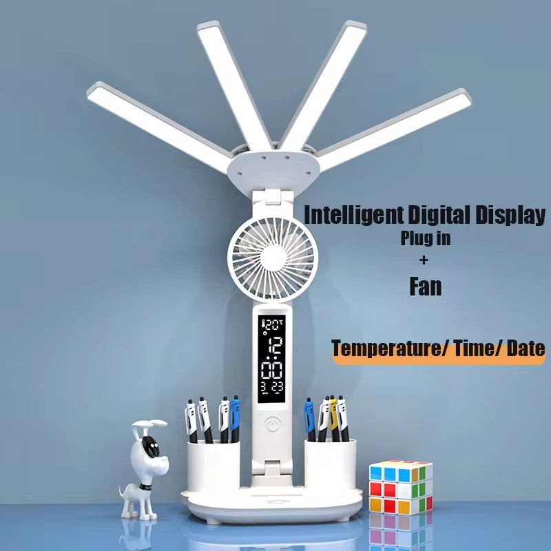 4-Head Panoramic LED Desk Lamp – Integrated Cooling Fan, Digital Clock & USB Charging