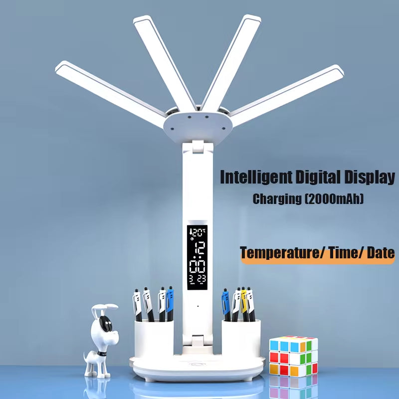 4-Head Panoramic LED Desk Lamp – Integrated Cooling Fan, Digital Clock & USB Charging