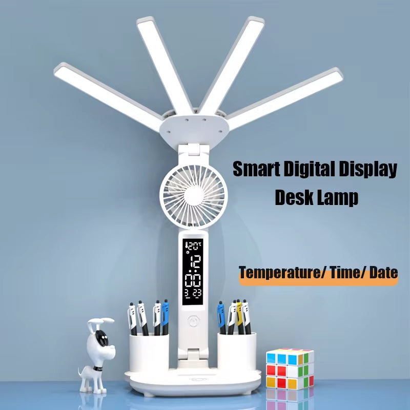 4-Head Panoramic LED Desk Lamp – Integrated Cooling Fan, Digital Clock & USB Charging