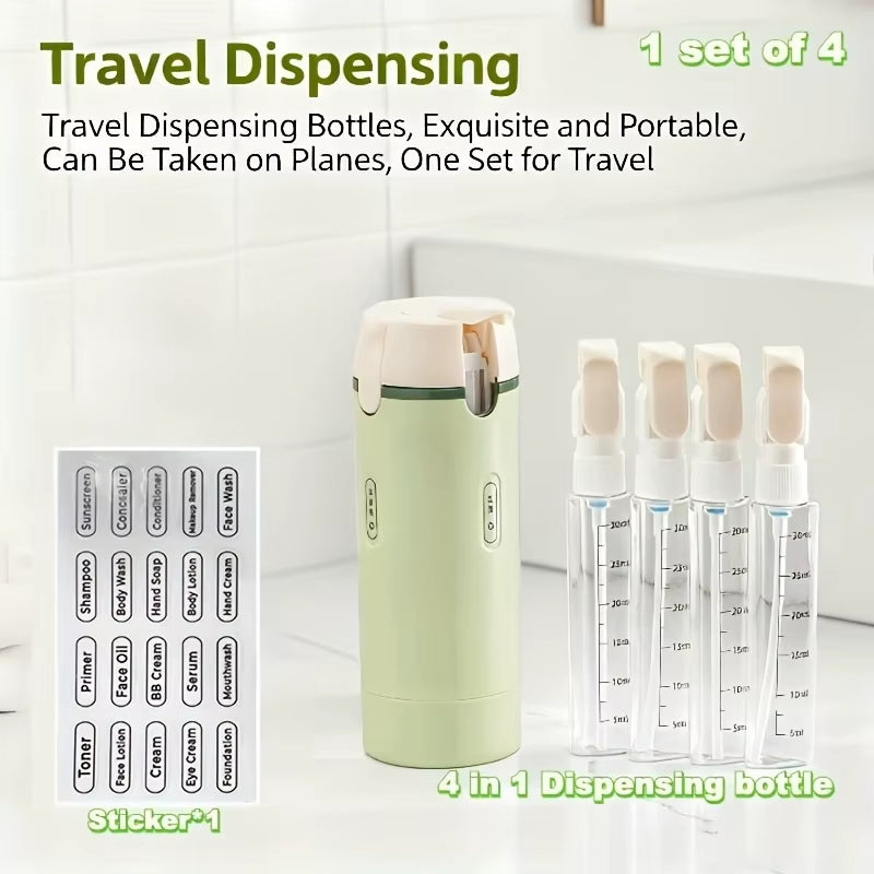 4-in-1 Minimalist Travel Dispenser Set | Leak-Proof Refillable Toiletry Organizer with Labels
