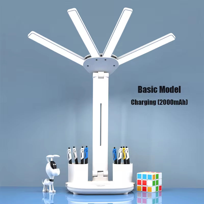4-Head Panoramic LED Desk Lamp – Integrated Cooling Fan, Digital Clock & USB Charging